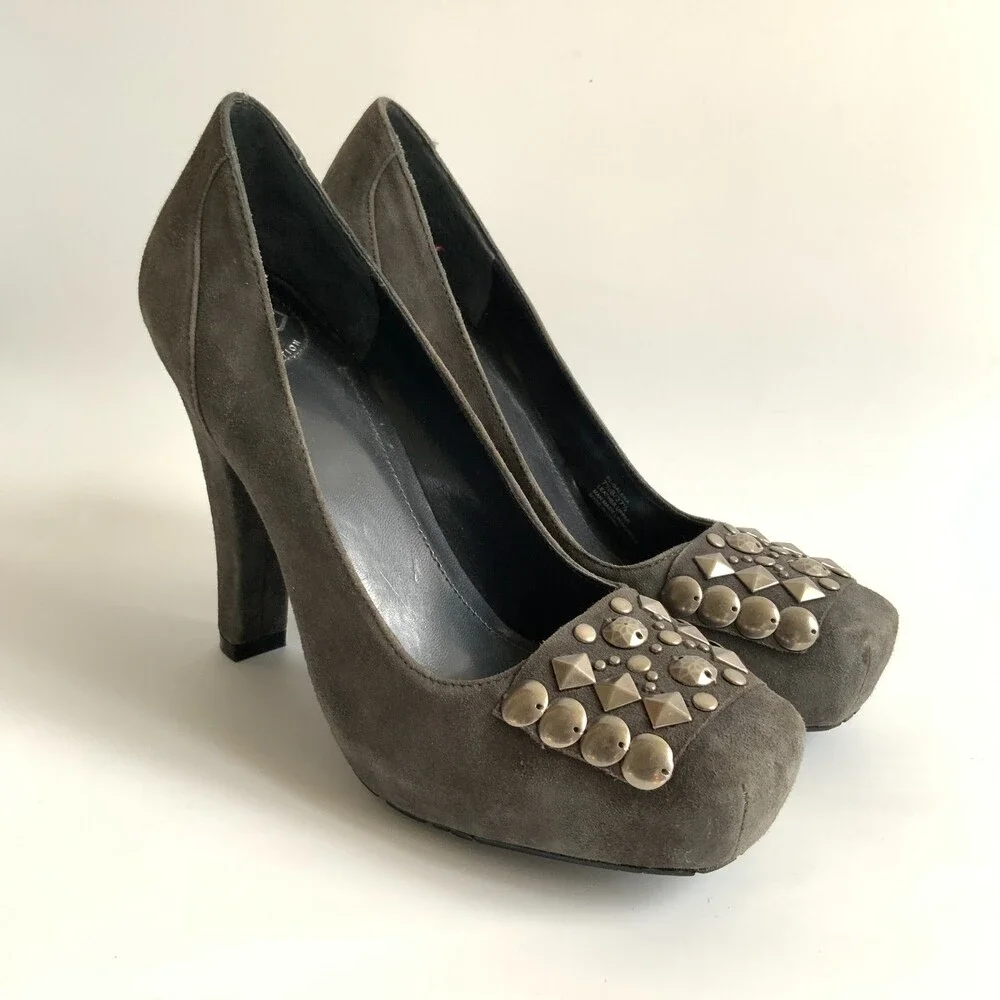BCBG Galena Suede Square-toe Embellished Heels Gray 7.5